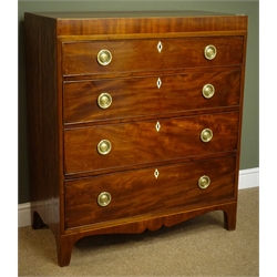 Small George III mahogany chest, inlaid frieze, four graduating drawers with circular brass plate ring handles, shaped apron and bracket supports, W93cm, H107cm, D47cm  