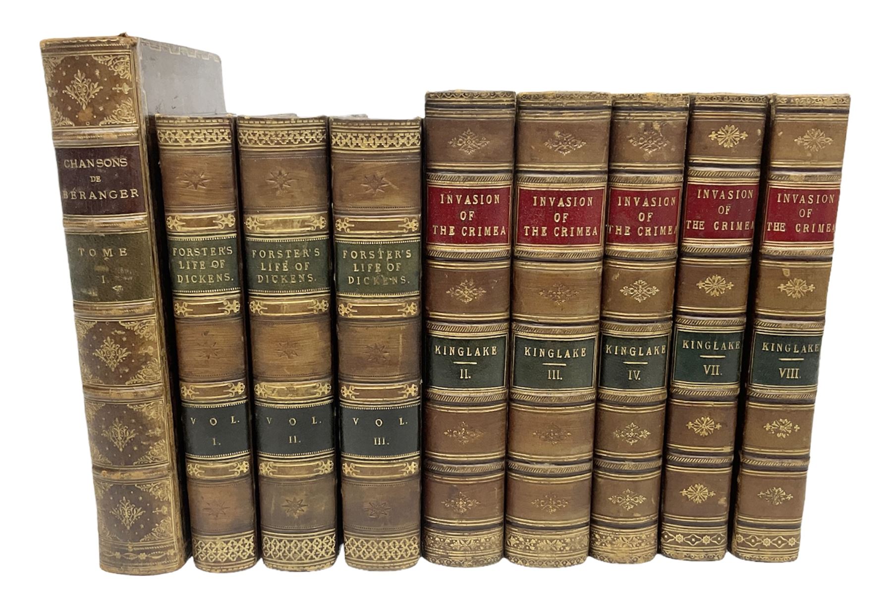Kinglake, A.W: 'The Invasion of the Crimea', five vols, numerous maps and plans, Forster's John: The life of Dickens, in three volumes and Chansons De Beranger (in French)