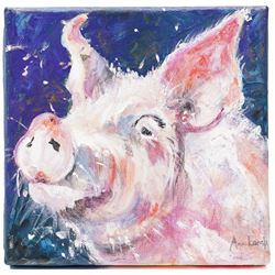 Ann Lamb (British 1955-): Cow, Pig and Rural Cottage, three mixed media signed 20cm x 20cm (3) (unframed)