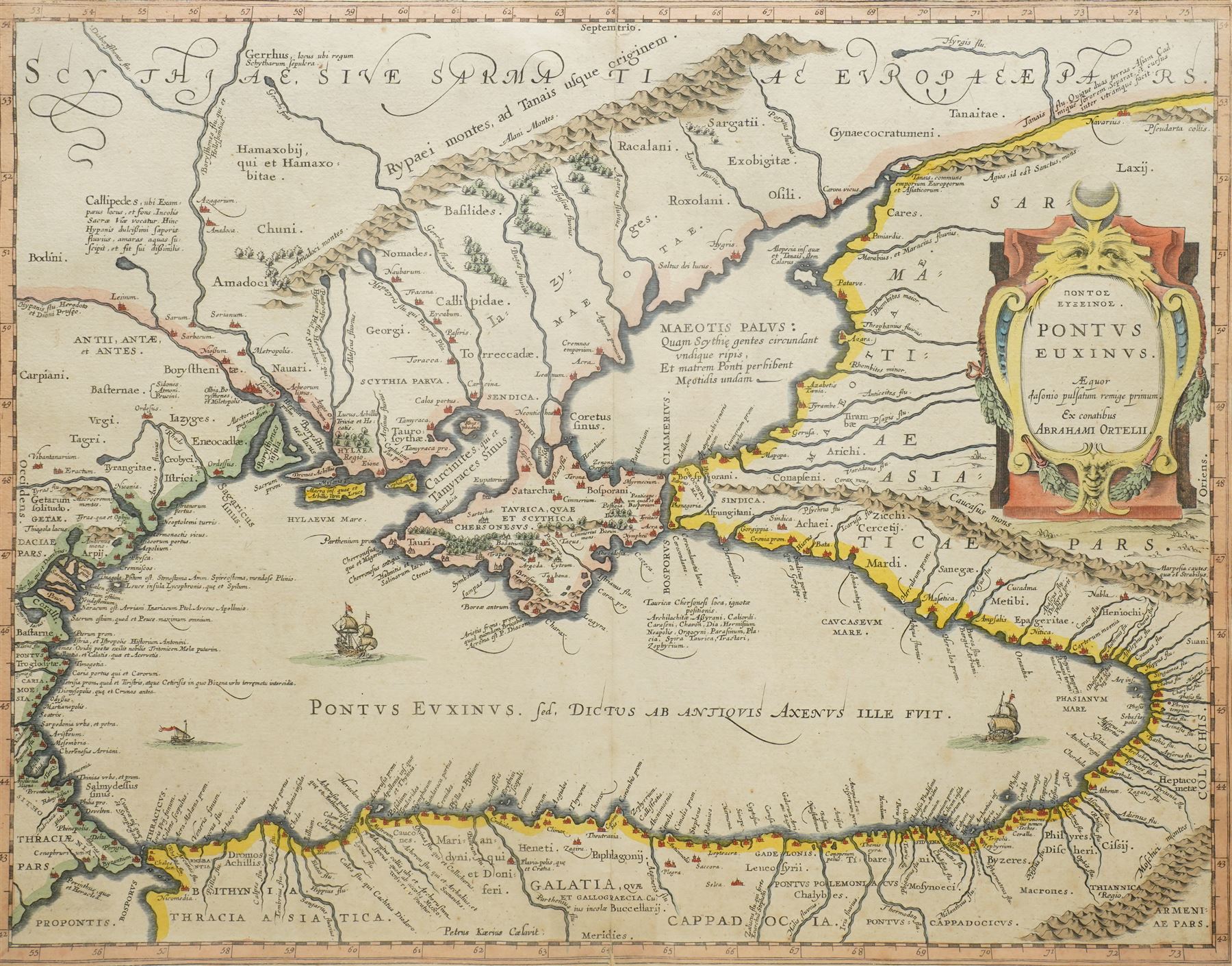 Abraham Ortelius (Belgian 1527-1598): 'Pontus Euxinus', early 17th century engraved map with hand-colouring of the Black Sea and the Crimean Peninsula pub. c.1609, 50cm x 35cm (unframed)