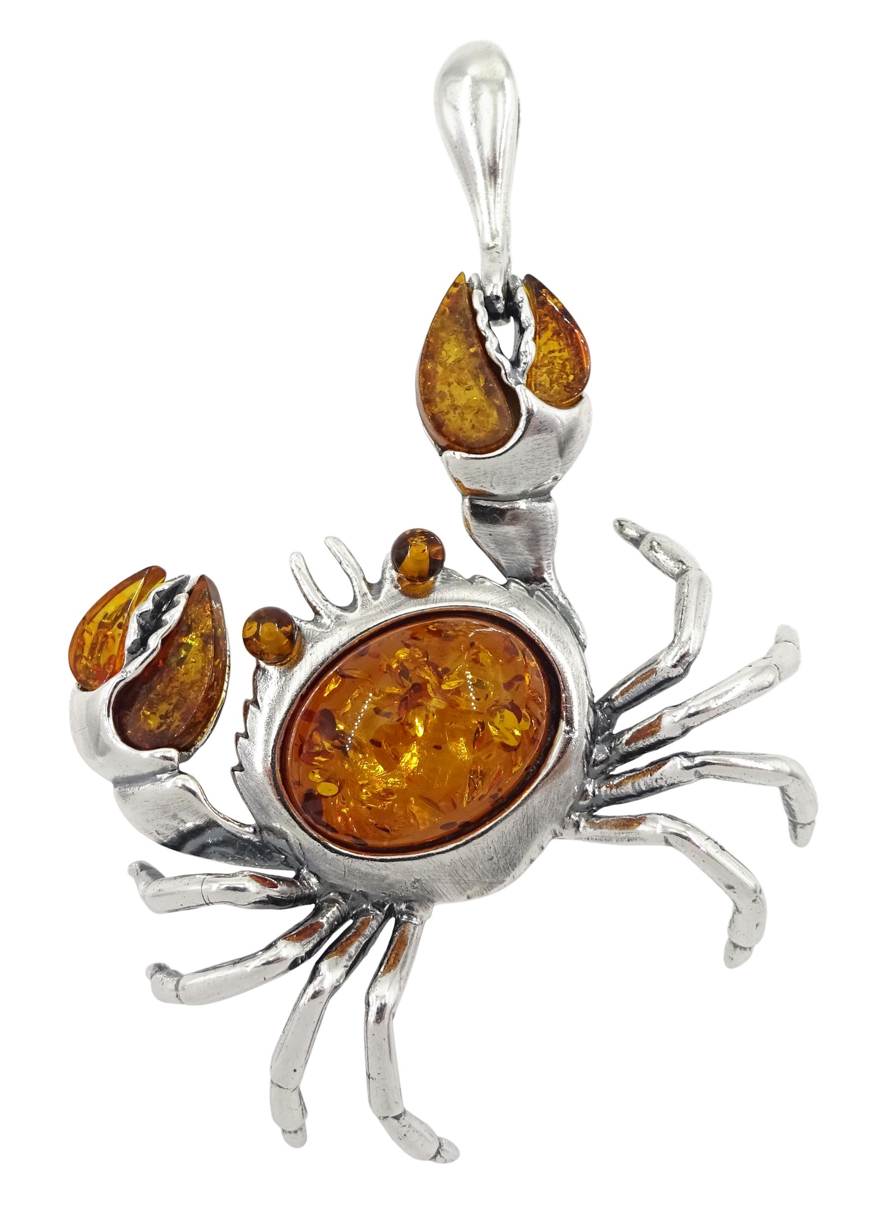 Silver Baltic amber crab pendant, stamped 925 