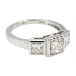 18ct white gold three stone princess cut diamond ring, hallmarked, total diamond weight approx 1.60 carat