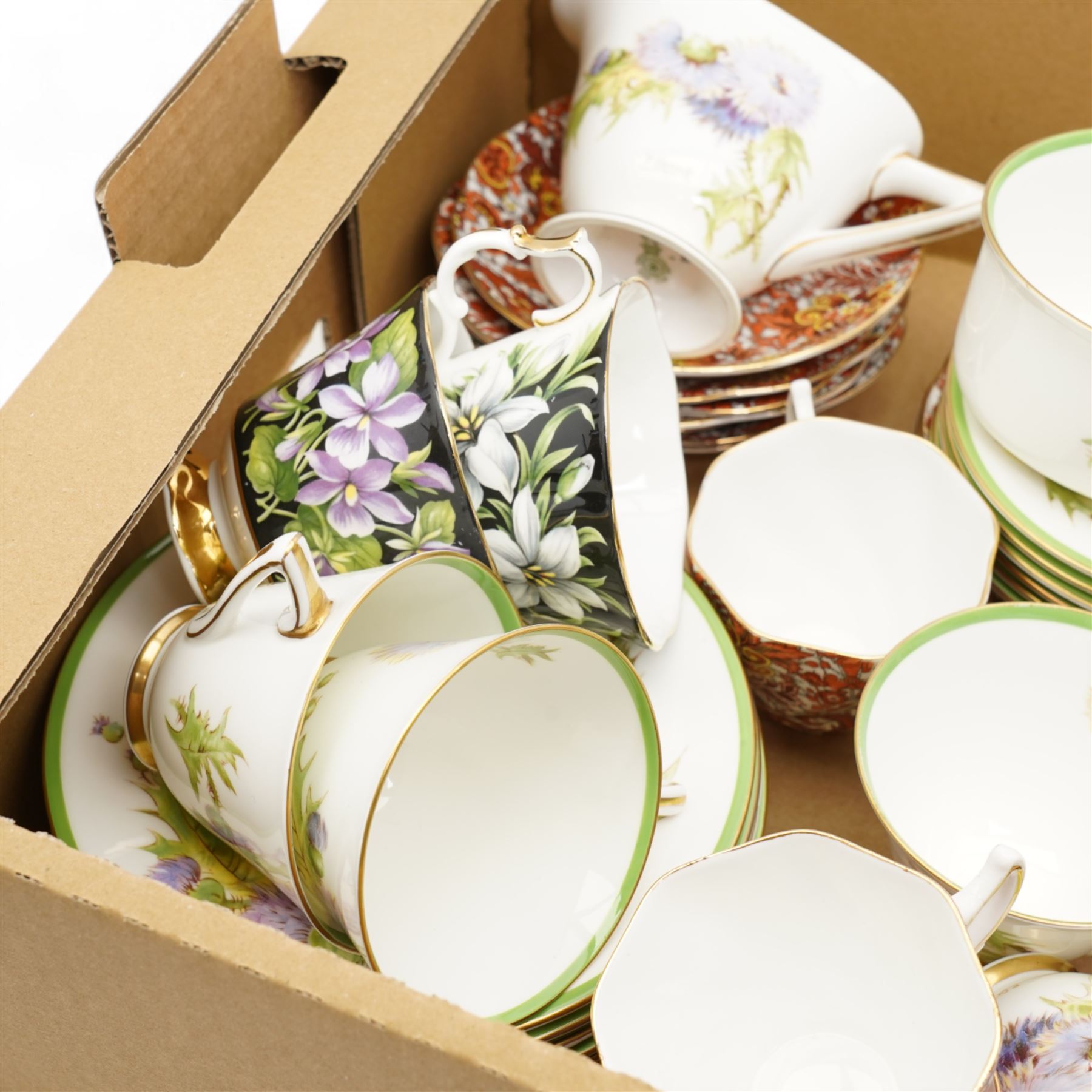 Collection of tea services, including Royal Doulton thistle pattern, Royal Albert Provencal Flowers, Rosina pattern etc 