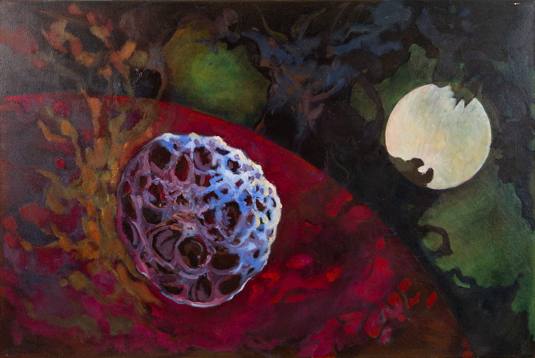 Kenneth Cozens (British 1920-2000): 'Genisis' and 'Red Planet', set of two oils on canvas signed and dated 1979, titled verso max 70cm x 91cm (2)