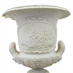 Pair of composite campana urns on stands, the urns decorated with relief figural panels and foliate bands with scrolling handles, on circular socles, the pedestals of square tapering form with moulded edges and applied classical motifs