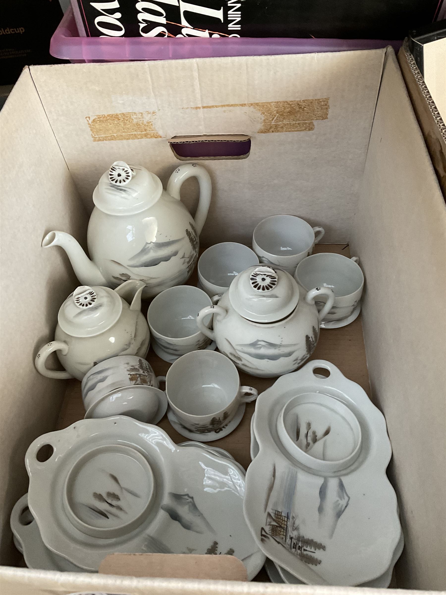 ‘The Early Breakfast’, 19th century hand coloured engraving in Hogarth type frame, vinyl LPs, reproduction silhouettes, two pairs of leather ice skates and tea set depicting a Japanese landscape