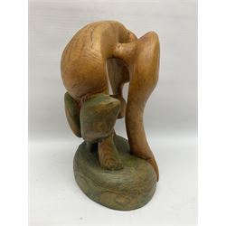 Helen Skelton (British 1933 – 2023): Four carved wooden abstract sculptures, including a bird, knot, face and abstract tree, largest H37cm. Born into an RAF family in 1933 in Kent and travelled the world extensively during her childhood. After settling in Bridlington, Helen immersed herself in painting, textiles, and wood sculpture, often inspired by nature's beauty. Her talent was showcased in a one-woman show at Sewerby Hall and recognised with the sculpture prize at Ferens Art Gallery in 2000. Sadly, Helen’s daughter passed away from cancer in 2005. This loss inspired Helen to donate her sculptures to Marie Curie upon her passing in 2023.