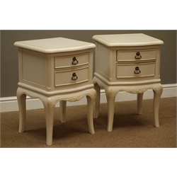  Pair Lees of Grimsby 'Rococo' French style cream painted wood two drawer bedside lamp tables, W44cm, H64cm, D42cm  