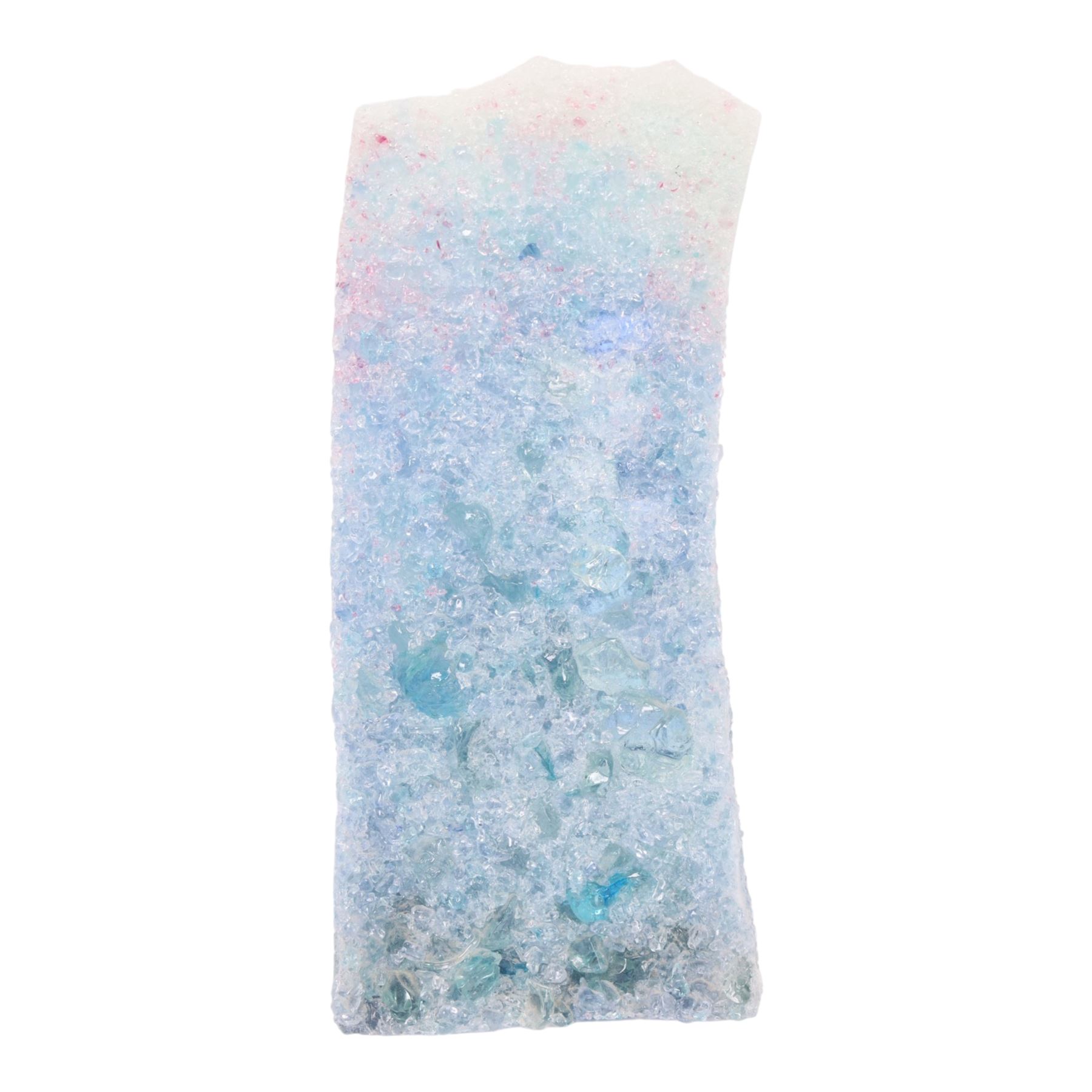 Art glass sculpture by Patrick Stern, crystallised sea theme body with rectangular & shell shaped inclusions to the reverse, signed to base, H29cm