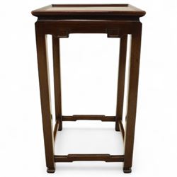 Whytock & Reid, Edinburgh  - Edwardian nest of three Chinese-style solid mahogany occasional tables, rectangular top with finely moulded edge above slim square section legs with subtly chamfered inner edges, joined by H-shaped stretchers, largest W40xD33xH52cm