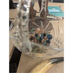 Carved wooden figure of a man holding a pineapple, together with a silver plated candelabrum, cut glass basket, etc, figure H64cm