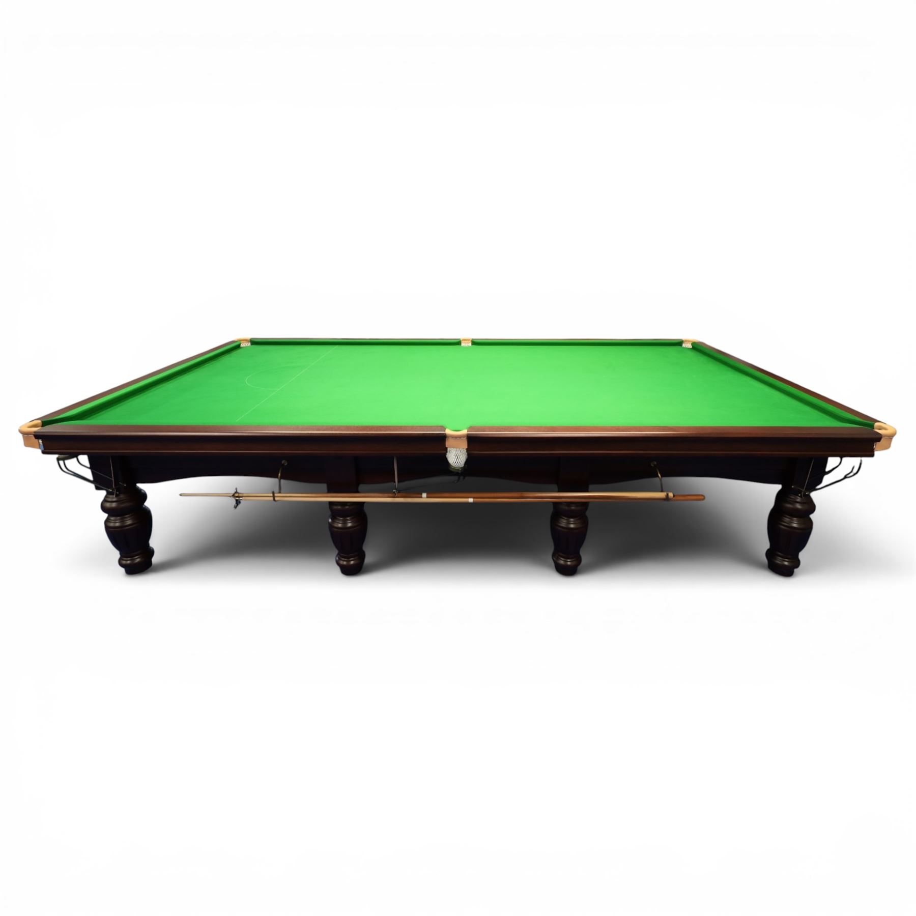 Riley England - full size snooker table, traditional timber framed table fitted with green baize cloth, leather drop pockets, turned legs with stretcher bars, slate bed; with accessories to include, cues and stand, rests, ball, iron, brush and cover