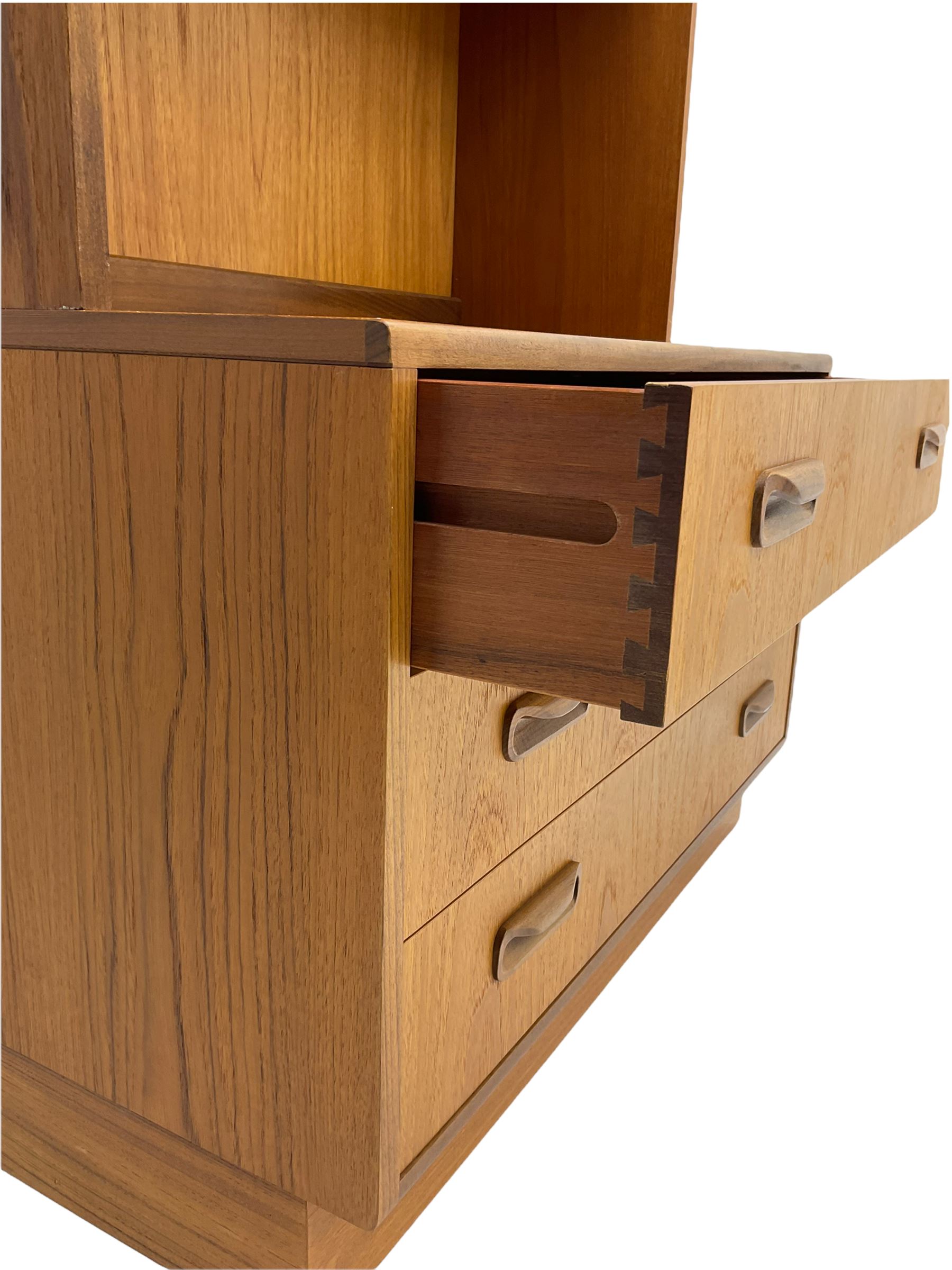 G-Plan teak two sectional modular wall display cabinet, fitted with sliding glass doors, double cupboard and three drawers