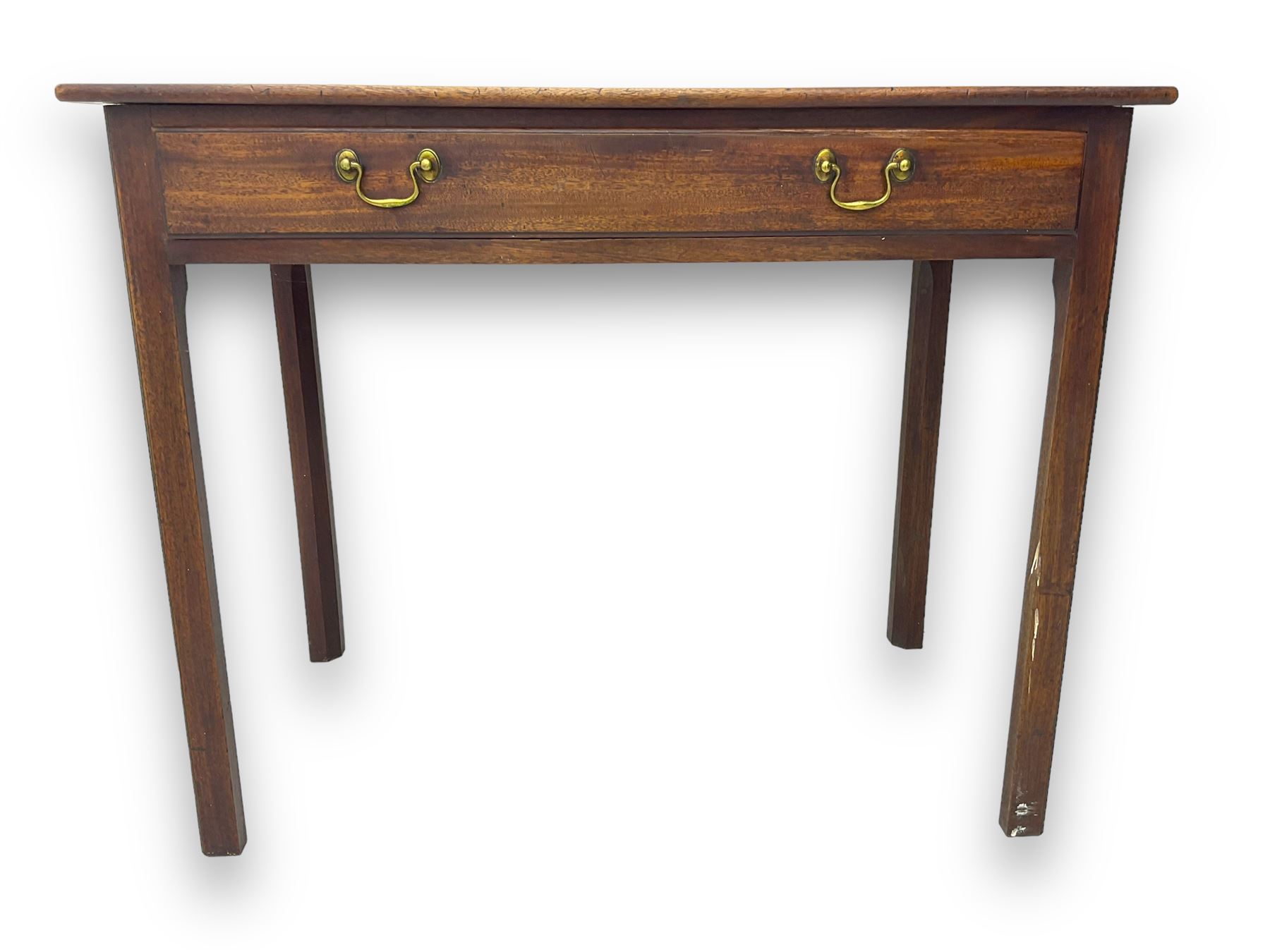 Early 20th century oak side table, rectangular top with rounded edges over single frieze drawer with brass pull handles, raised on square supports