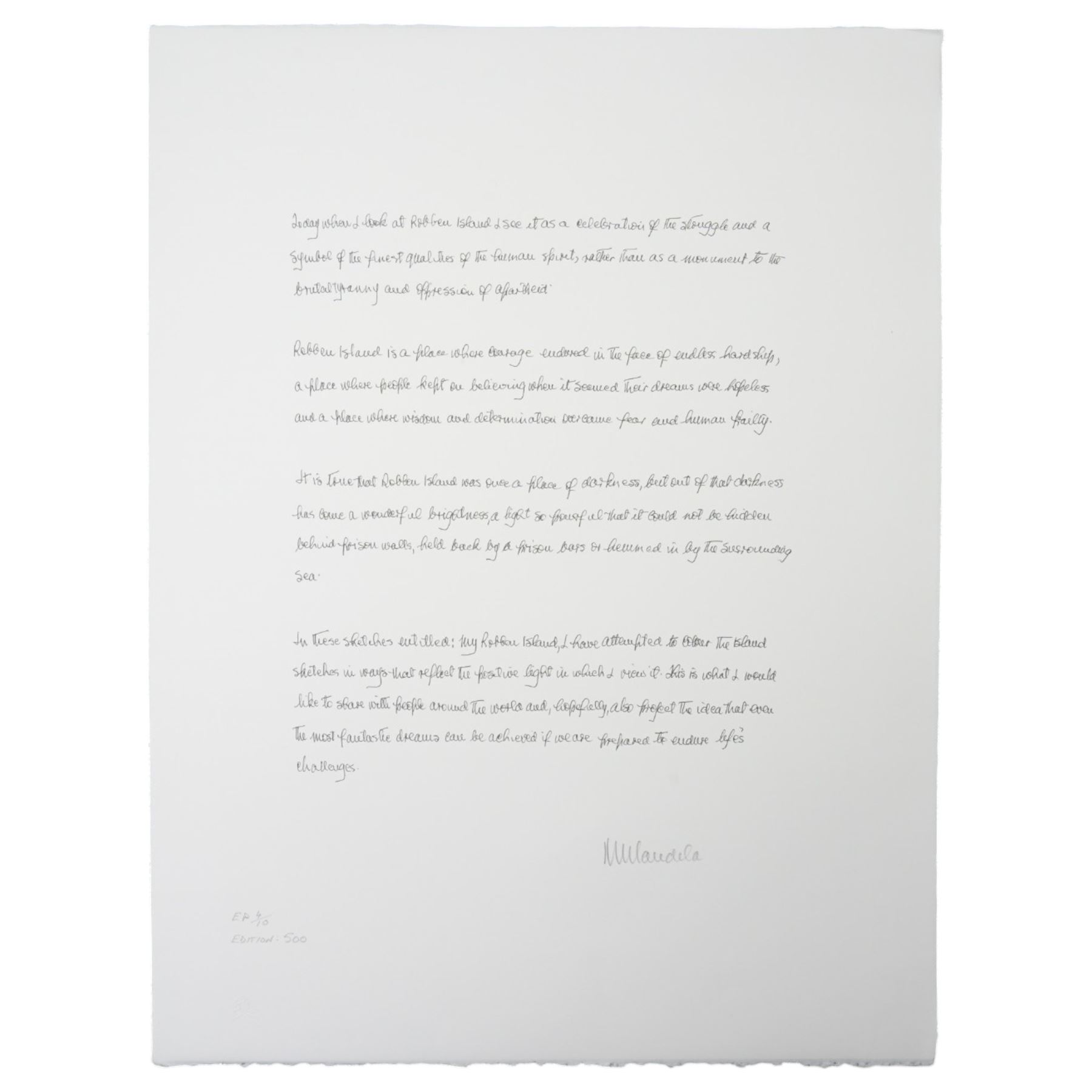 Nelson Rolihlahla Mandela (South African 1918-2013): 'My Robben Island' - ' 'The Church' 'The Lighthouse' 'The Cell' 'The Window' 'The Harbour' 'Motivation', set of six lithographs in colours signed and numbered EP 5/10 edition 500 in pencil with blindstamp, pub. by the Belgravia Gallery, 2002,  66cm x 50cm, together with original box (6) (unframed)