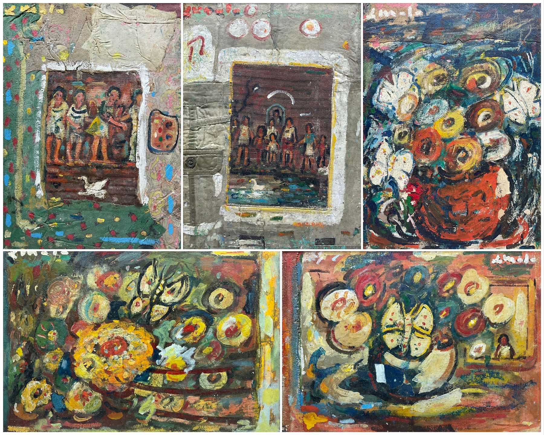 Leucio Mele (Italian 20th century): Abstracts with Figures and Flowers, set five mixed media on boards signed 45cm x 30cm (5)