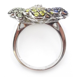  18ct gold multi-coloured sapphire and diamond flower ring stamped 750  