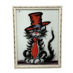 Portrait of a Cat wearing hat and tie, 20th century reverse painting on glass signed by Beccafichi, W44cm H60cm