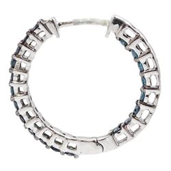 Pair of 9ct white gold blue diamond hoop earrings, hallmarked