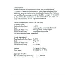 Platinum tanzanite and diamond three stone ring, single emerald cut tanzanite of approx 4.20 carat, with with a single trapeze cut diamond set either side, stamped PT950, total diamond weight approx 0.49 carat, with Alan Poultney Gems report
