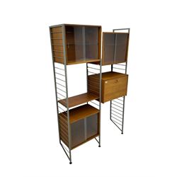 Ladderax - modular bookcase, silver finish ladders, three sections with sliding glazed doors, shelf and fall front section 
