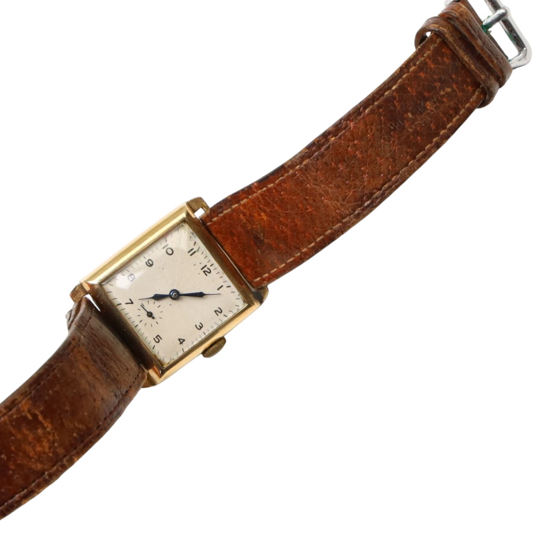 Pair of rose gold cufflinks with engraved decoration and gold wristwatch on leather strap, both 9ct and a 15ct gold ring