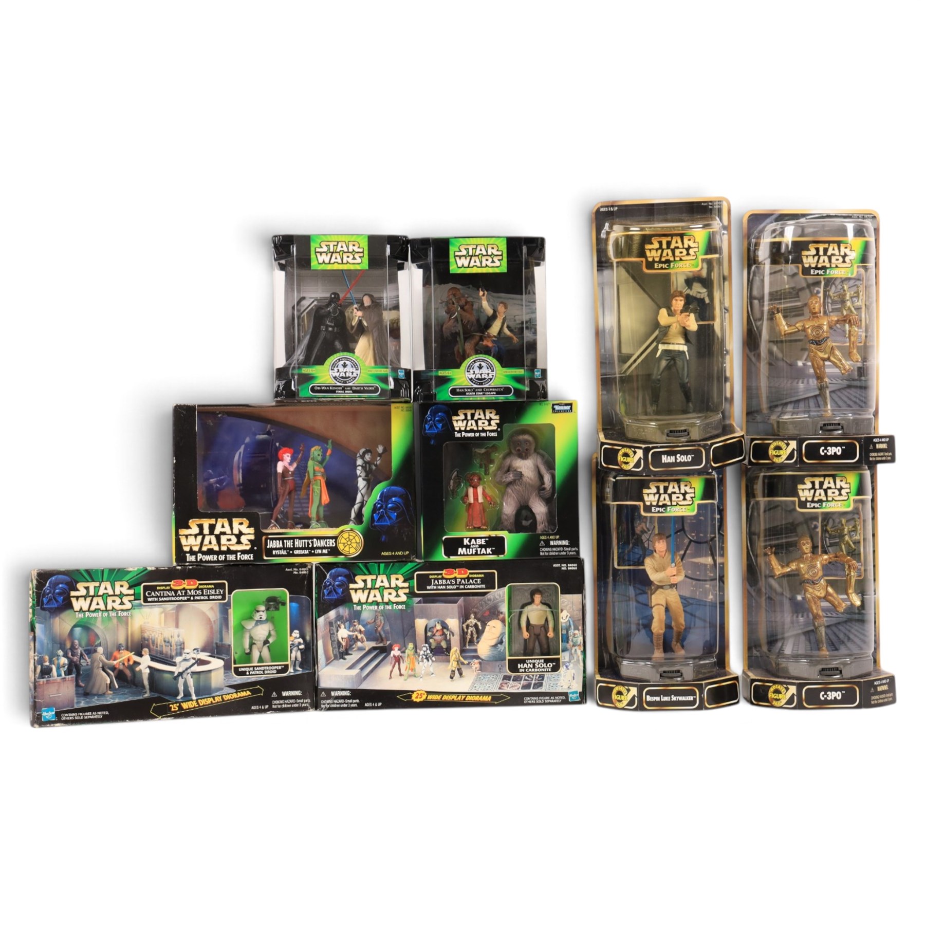 Ten Star Wars figures and playsets, comprising four The Kenner Collection Epic Force figures Bespin Luke Skywalker, Han Solo and two C-3POs, The Kenner Collection Power of the Force Kabe and Muftak figure pack, Jabba the Hutts Dancers, Jabbas Palace Diorama, Cantina at Mos Eisley Diorama and Hasbro Silver Anniversary packs Final Duel and Death Star Escape, all boxed