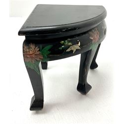 Hong Kong black lacquered oval coffee table with six stools, glass covered recessed top with shibiyama style decoration of figures in a garden