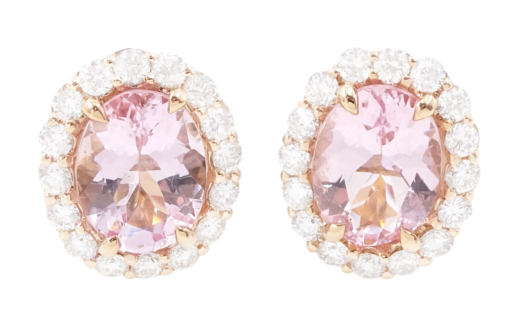 Pair of 18ct rose gold oval cut morganite and round brilliant cut diamond cluster stud earrings, total morganite weight approx 2.85 carat, total diamond weight approx 0.80 carat