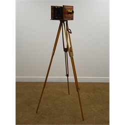 Mahogany and brass 41/2in x 6in plate folding tailbord camera with Universal Rapid Aplanat Serie E No.2 lens, on adjustable oak tripod,   