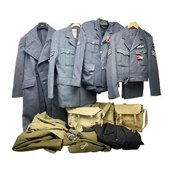 Two post-WWII British Army No.2 Dress tunics, one with Green Howards buttons; army shirt dated 1951; Royal Fleet Auxilliary jacket with trousers; three RAF/WAAF uniforms and RAF Greatcoat; and three canvas/webbing bags, two dated 1943 & 1945