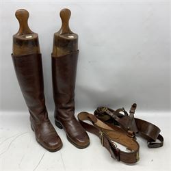 Pair of WW1 style Army Officer's brown leather full leg riding boots with Alkit four-piece wooden boot trees; and two officer's Sam Browne leather belts with cross-straps, one with sword frog (4)