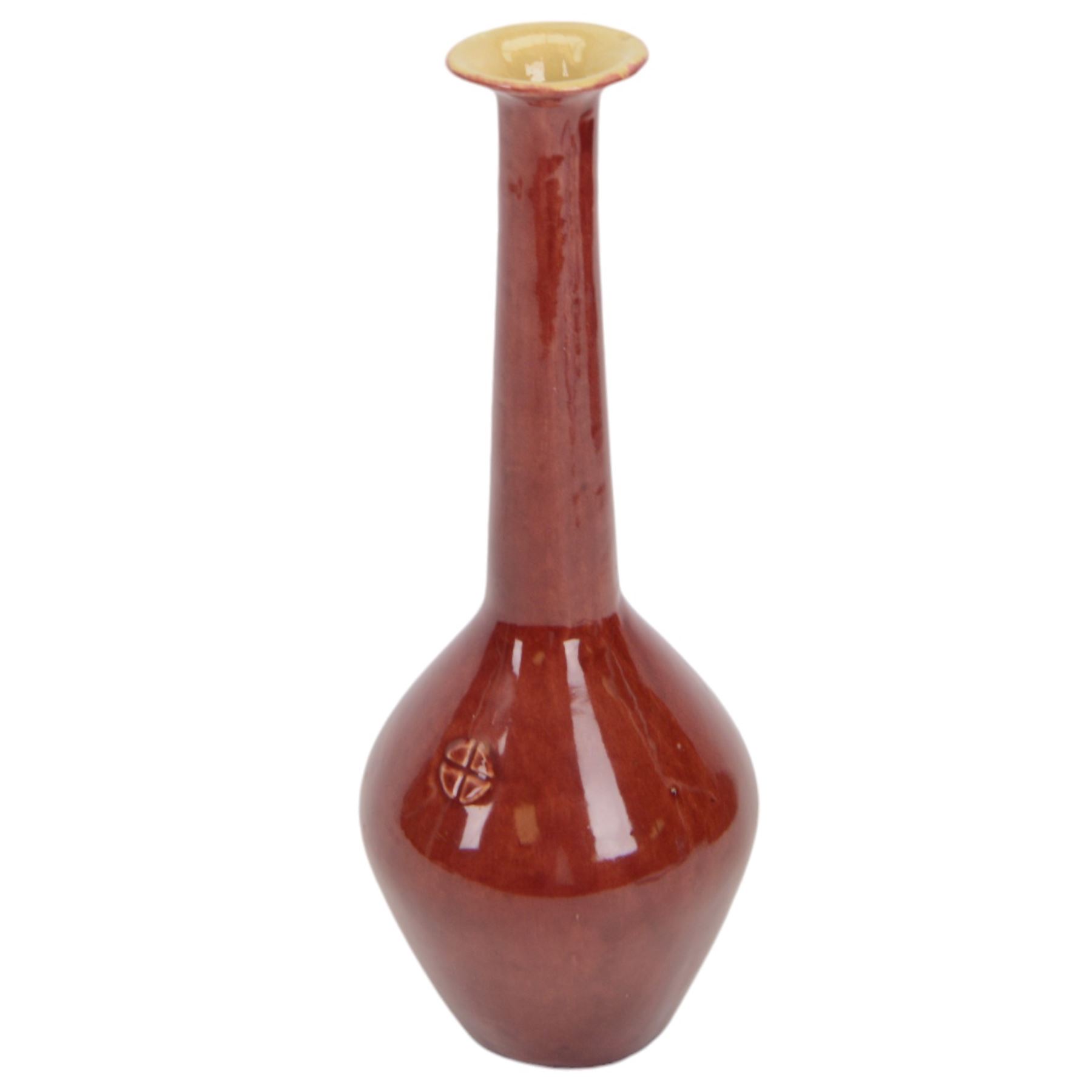 Early 20th century Jugenstijl vase by Aardewerkfabriek De Kat, Bergen op Zoom Pottery (1902-1918) attributed to Chris van der Hoef, of angular form with elongated tapering neck with flared rim, in pinkish red glaze with cross motif to the body, impressed marks beneath, H31cm