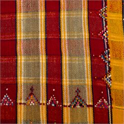 South West Persian Jajim flatweave kilim, field with alternating vertical bands of red, yellow, navy and pale green, decorated with geometric and polychrome raised pile accents, fringe ends 