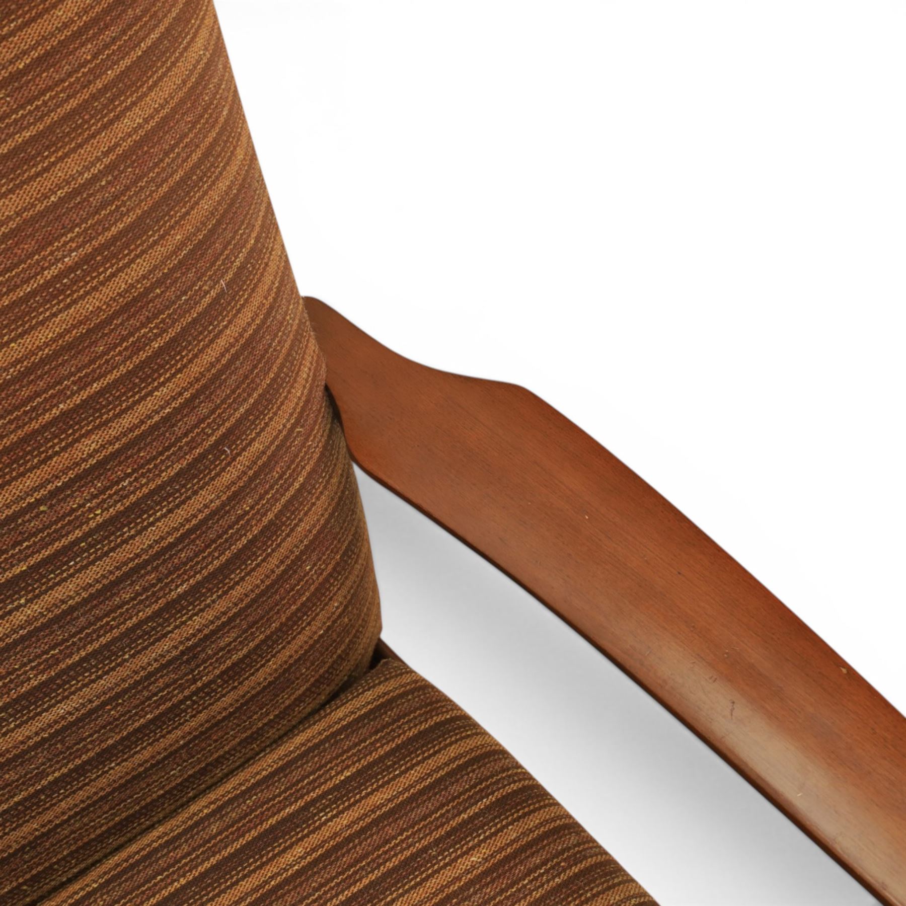 Parker Knoll - 'PK 988' open armchair, with teak frame, upholstered in a striped fabric, raised on tapering supports, the loose seat cushion supported on elasticated webbing 