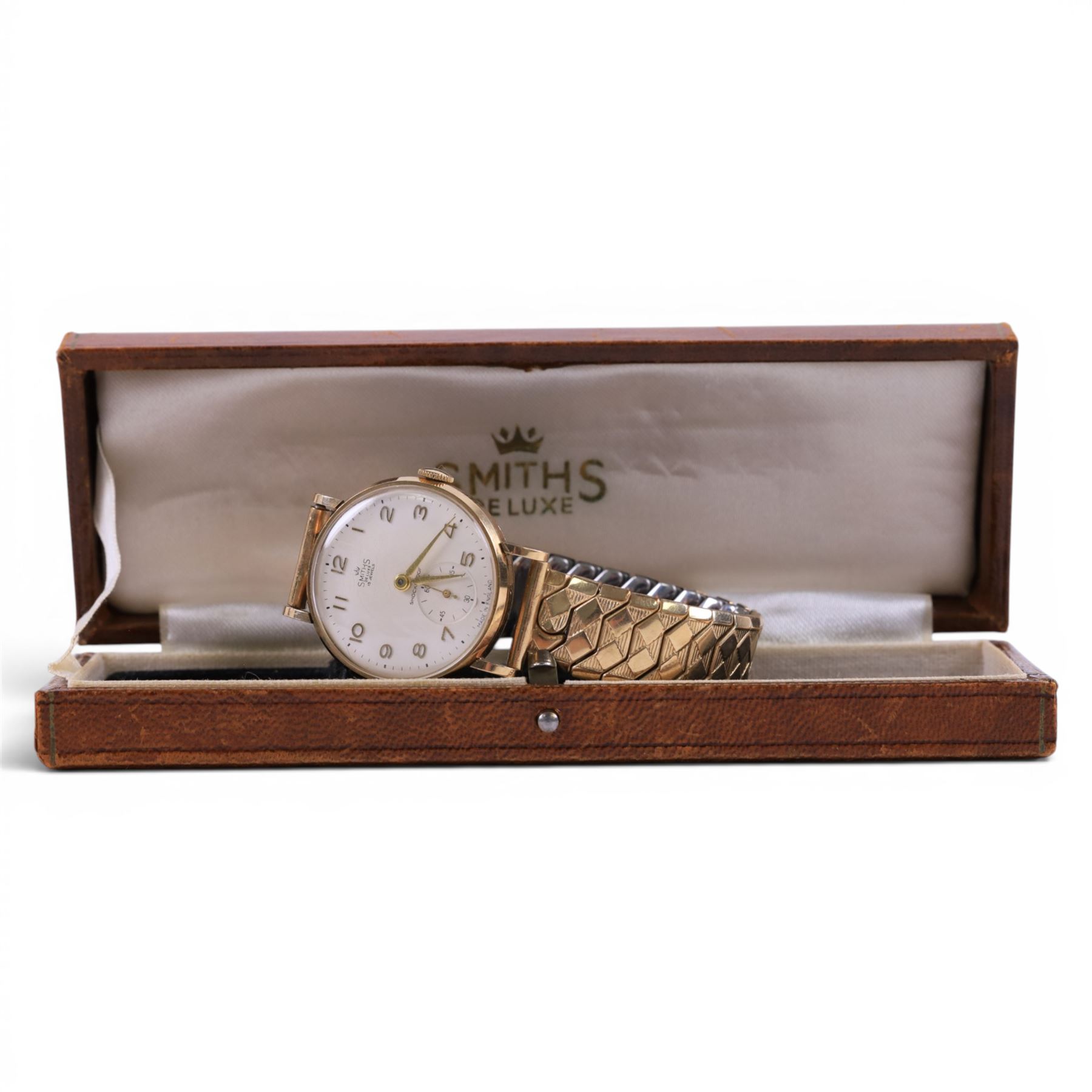 Smiths Deluxe gentleman's manual wind wristwatch, Birmingham 1960, the back case with personalised engraving, on expanding gilt strap, boxed