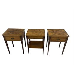 Pair walnut occasional tables, single drawer beneath pull out slide, (W46cm, H65cm, D36cm), and another similar table, (W46cm, H65cm, D36cm) (3) 