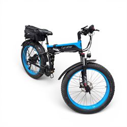 Cyrusher XF690 Plus - electric fat tyre bicycle, 250W model, with suspension forks, disc brakes, rear pannier bag and blue and black finish.