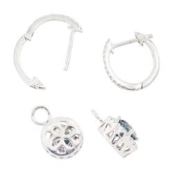 Pair of 14ct white gold diamond cluster earrings, each diamond hoop, suspending a detachable pendant set with a single fancy blue diamond, surrounded by a halo of round brilliant cut white diamonds, stamped 585, total blue diamond weight approx 1.10 carat