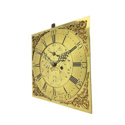 An 18th century oak cased longcase clock by M Thomas & Sons, Carnarvon c1780, flat topped hood with a wide cornice and plain frieze, glazed hood door flanked by two shaped pillars, with a long trunk and  door with a break arch top, with canted and reeded corners on a short plinth with a raised conforming break arch panel and skirting, 13” brass dial with an engraved centre,  small semi-circular date aperture and disc behind, with a subsidiary seconds dial, non-matching steel hands and scroll spandrels, Engraved chapter ring with roman numerals, five minute Arabic's and minute markers, dial pinned directly to an eight day rack striking movement, striking the hours on a cast bell. With weights, pendulum and key.    
Michael and Morris Thomas are recorded as working together in Carnarvon 1769-94.




