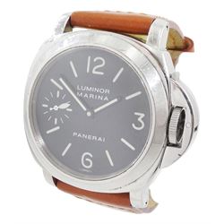 Panerai Luminor Marina gentleman's stainless steel manual wind wristwatch, Ref. OP 6518, limited edition No. 0213/3000, black dial with luminous Arabic and baton hour markers and subsidiary seconds dial at 9 o'clock, on original tan leather strap with addition brown leather strap, boxed with guarantee card dated 2000