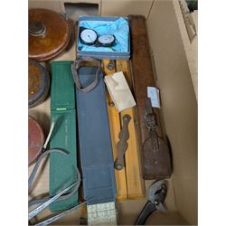 Three Rabone tape measures in leather cases, one with broad arrow, three map wheels, pair of Moore & Wright calipers, W Harling alidade in Whippy leather case with broad arrow and a collection of slide rules