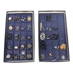 Collection of Victorian and later Whitby jet jewellery and oddments including cross pendant, carved bird oval panels. cameo pendants and brooches and other costume jewellery including black glass bead necklace and beads etc