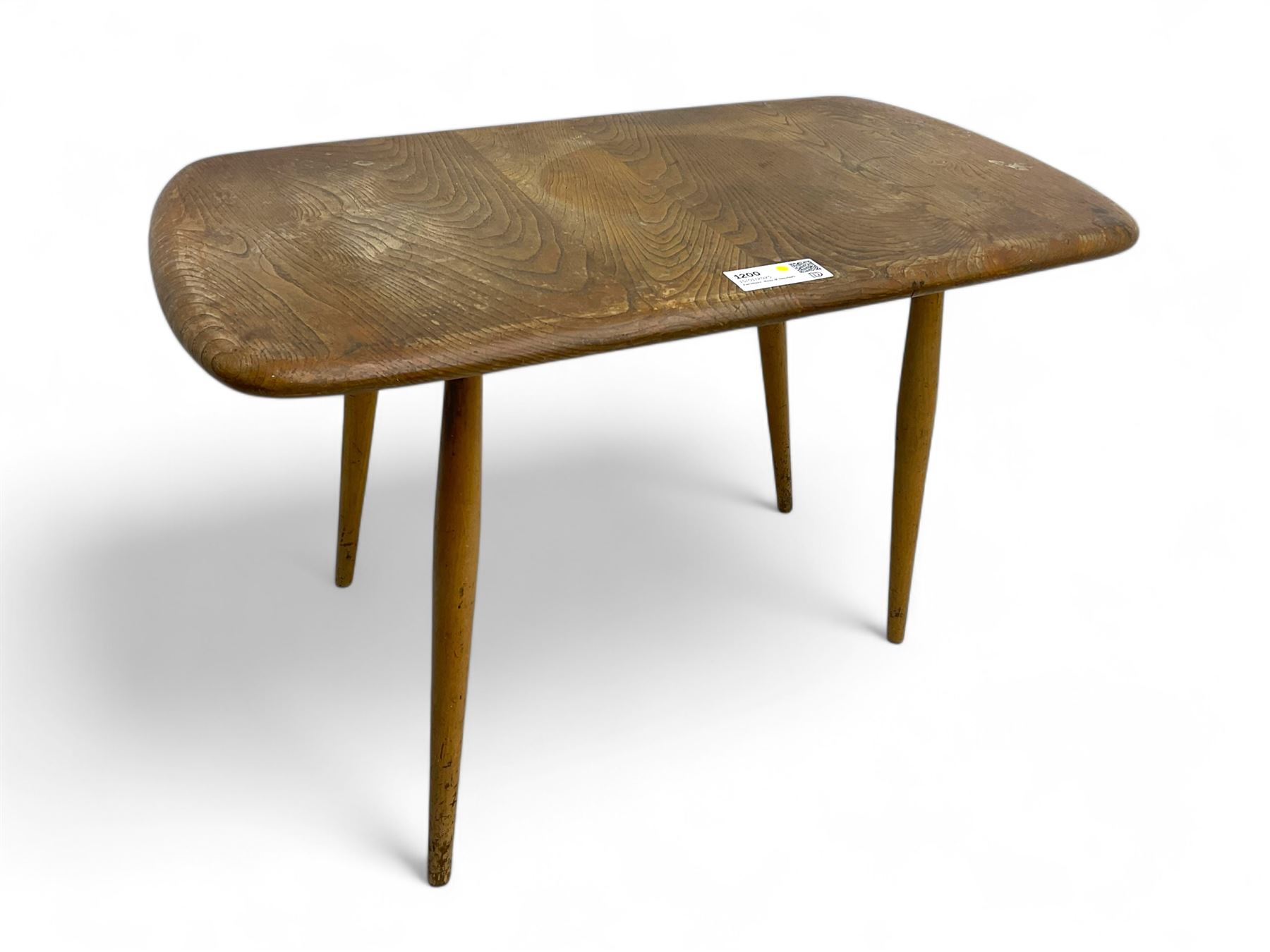 Lucian Ercolani for Ercol - mid-20th century elm and beech occasional table, rectangular top with rounded corners, on tapered supports