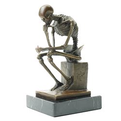 Bronze skeleton modelled as 'The Thinker', on black marble base, signed 'Milo' to plinth, H15cm