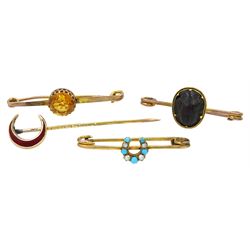 Gold turquoise and split pearl bar horseshoe brooch, citrine bar brooch, Birmingham 1913, red enamel crescent pin, makers mark B&M, Birmingham 1900 and a scarab beetle brooch, all 9ct hallmarked or tested