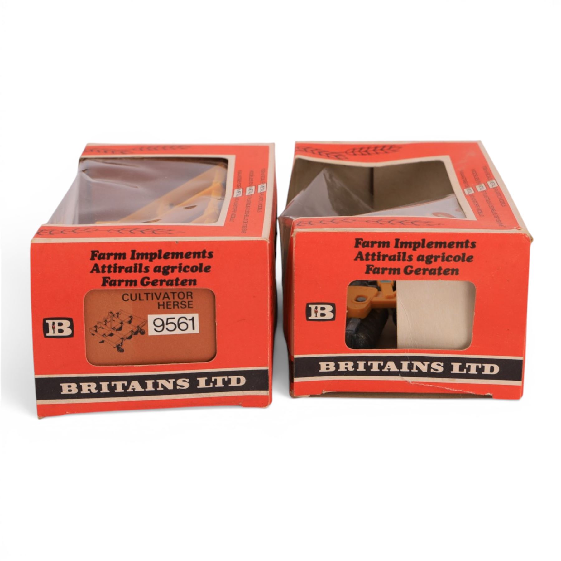 Britains Ltd 1:32 scale farm implements, comprising no. 9556 Hay Baler, no. 9549 Manure Spreader, no. 9553 Disc Harrow, no. 9557 Bale Sledge, no. 9577 Seed Drill, no. 9561 Cultivator Herse, no. 9546 Ploughs and no. 9558 Wheeled Trailer, all boxed