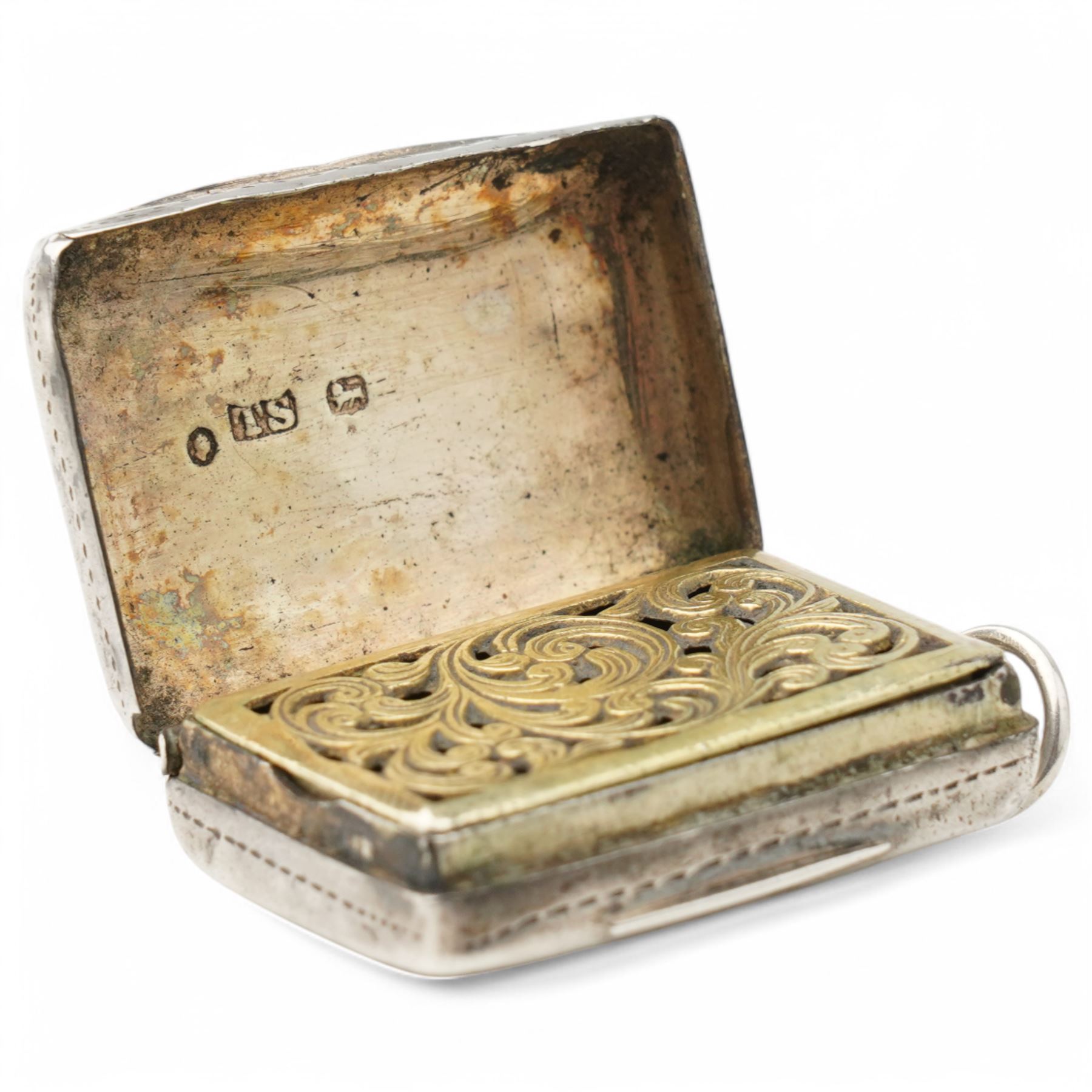 George IV silver vinaigrette with pierced and gilded grille Birmingham 1821 Maker John Shaw and a Victorian vinaigrette with engraved decoration Birmingham 1836 (2)