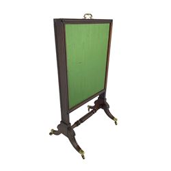 Regency mahogany screen with two horizontal and one vertical pull-out panels, on base with carved sabre legs and rope-twist stretcher
