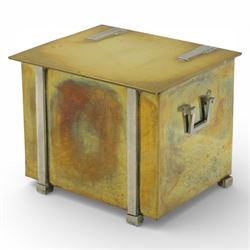 Early 20th century brass coal box, square hinged lid with recessed rectangular handle plates, the front fitted with a swing carrying handle, opening to a removable blackened metal liner, raised on short bracket feet